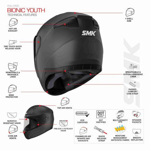 SMK Youth Bionic Solid Helmet - MA200 Black Matt