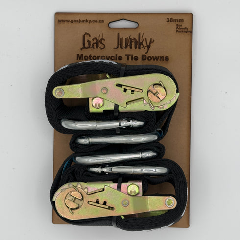 Gas Junky Printed 38mm Tie Down with Ratchet - Black (Bike Kings Branding)
