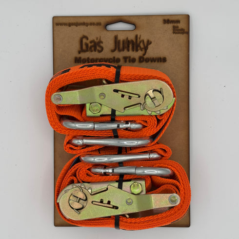 Gas Junky Printed 38mm Tie Down with Ratchet - Orange (Bike Kings Branding)