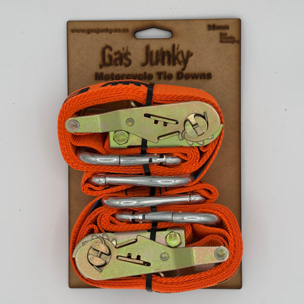 Gas Junky Printed 38mm Tie Down with Ratchet - Orange (Bike Kings Branding)