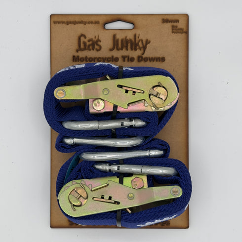 Gas Junky Printed 38mm Tie Down with Ratchet - Blue (Bike Kings Branding)