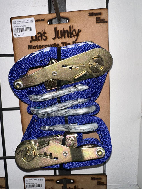 Gas Junky Printed 38mm Tie Down with Ratchet - Blue (Bike Kings Branding)