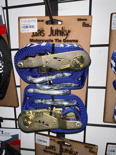 Gas Junky Printed 38mm Tie Down with Ratchet - Blue (Bike Kings Branding)