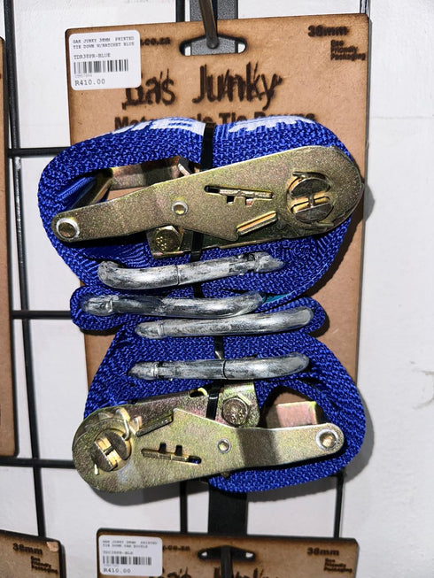 Gas Junky Printed 38mm Tie Down with Ratchet - Blue (Bike Kings Branding)