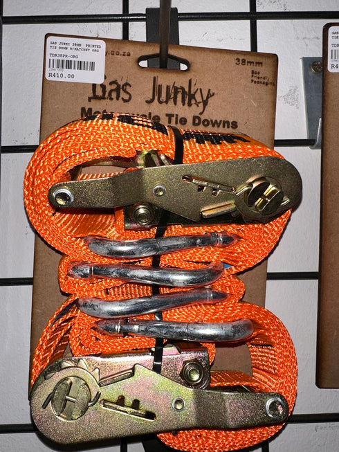 Gas Junky Printed 38mm Tie Down with Ratchet - Orange (Bike Kings Branding)