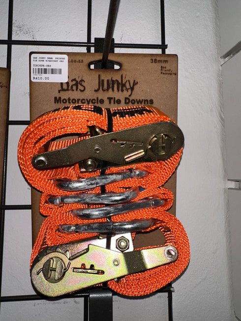 Gas Junky Printed 38mm Tie Down with Ratchet - Orange (Bike Kings Branding)