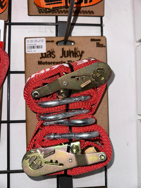 Gas Junky Printed 38mm Tie Down with Ratchet - Red (Bike Kings Branding)